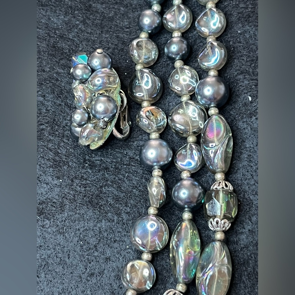 Vintage Crown Trifari 3 Strand Crystal Aurora Borialis Necklace Choker earrings